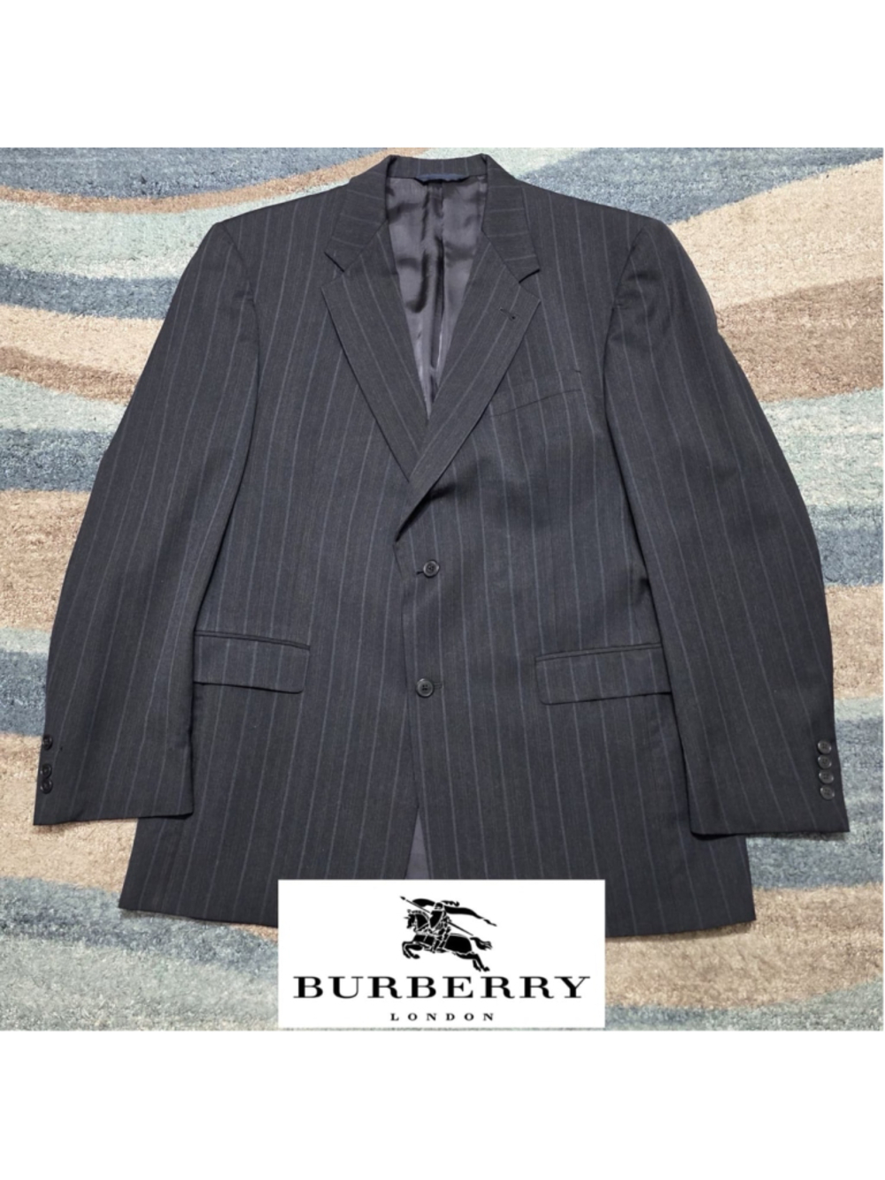 Burberry London Mens 44L Wool Pinstripe Suit Jacket Blazer Black Gray Designer